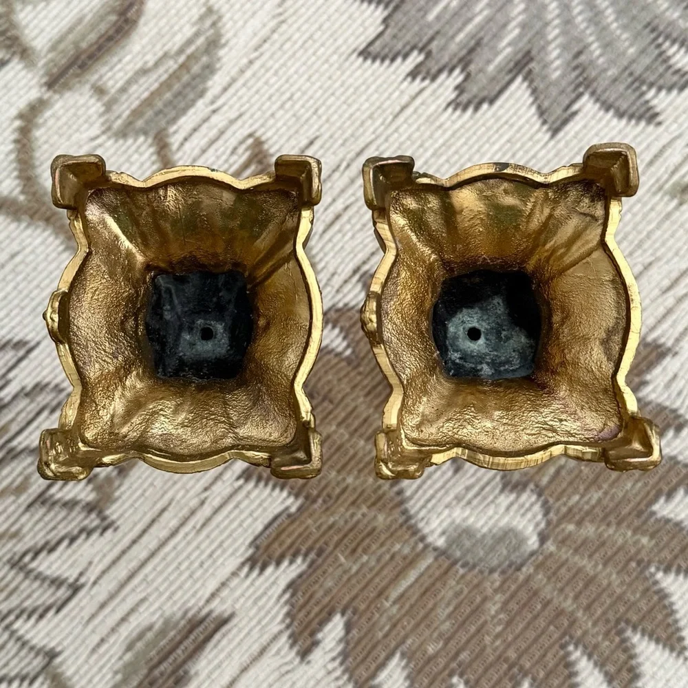 Pair Vintage Candlesticks Art Nouveau Victorian Gold Brass Candle Holders